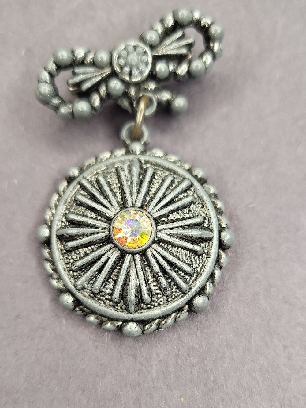 Silver-Tone Floral Medallion Brooch with Aurora Crystal Accent